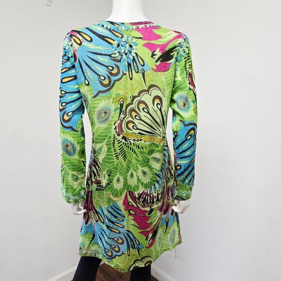 Raj Tunic Top Size L Womens Floral Embroidered Long Sleeve Cover-Up Bohemian - Picture 3 of 9